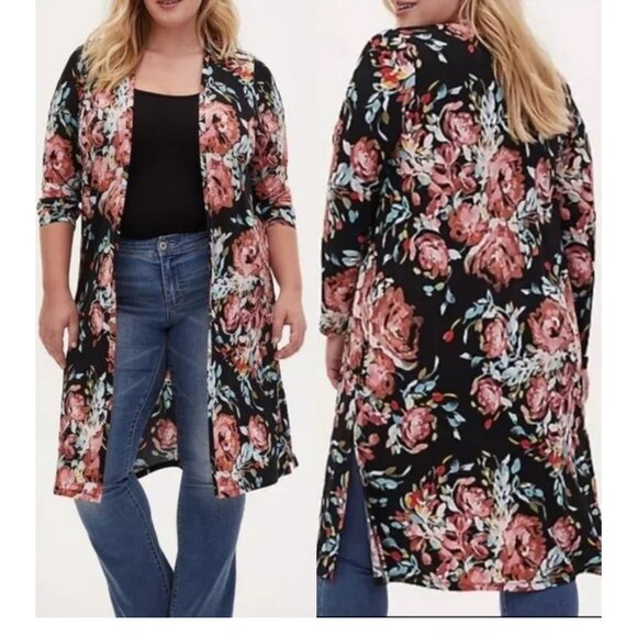 torrid Sweaters - GUC Torrid Open Front Longline Cardigan Sweater/Duster Black Floral Size 2x